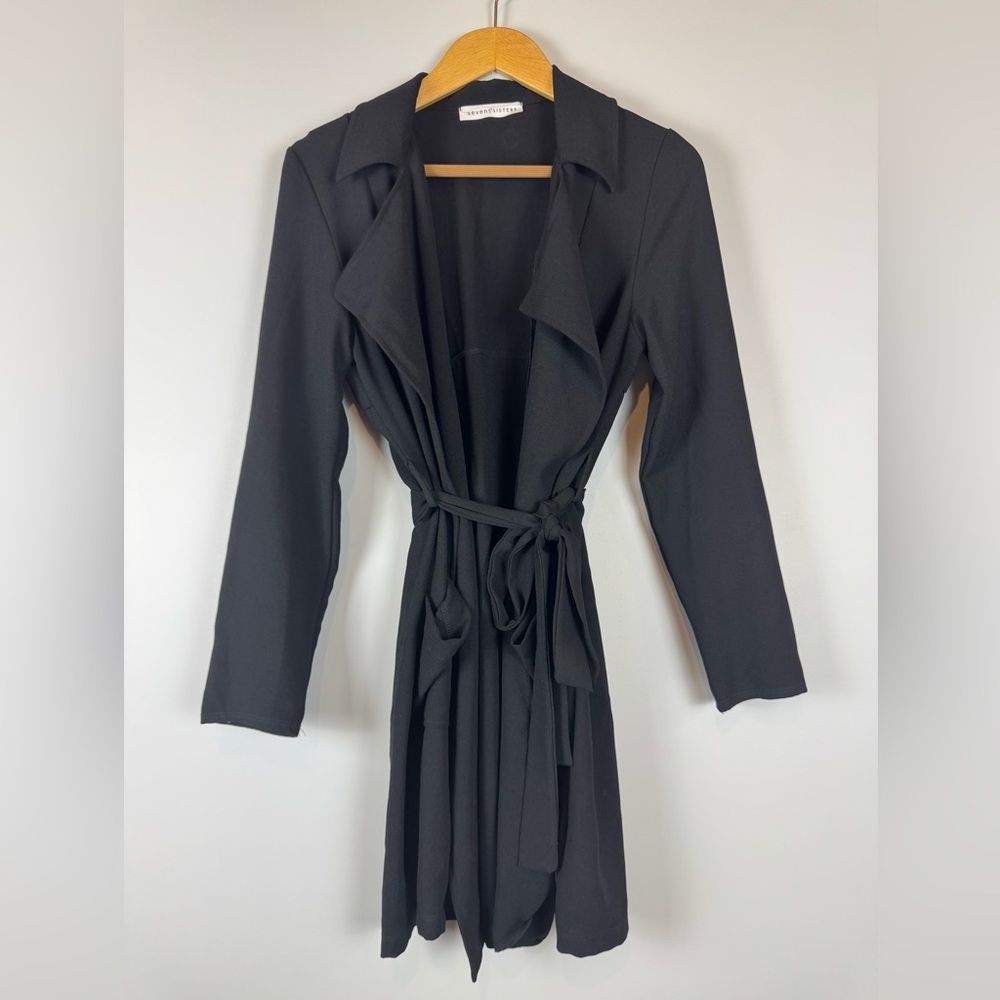 Seven Sisters Black Open Front Trench Coat Jacket with Tie Waist | Size M